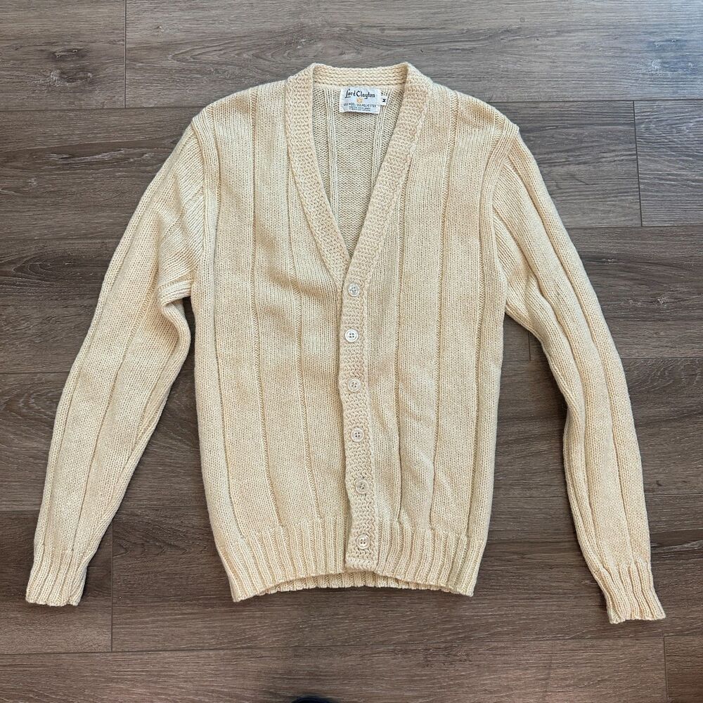 Vintage 70s Cream Wool Blend Ribbed Knit Button Cardigan Sweater - Mens Medium